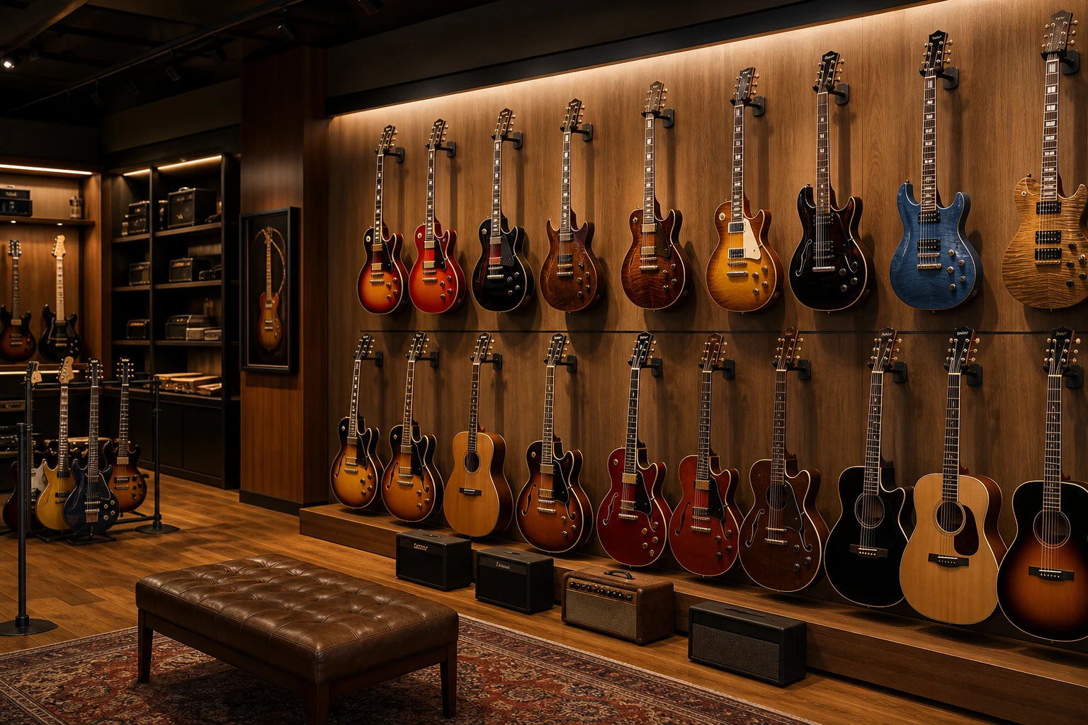 Guitar wall with acoustic and electric instruments in a warm retail studio light