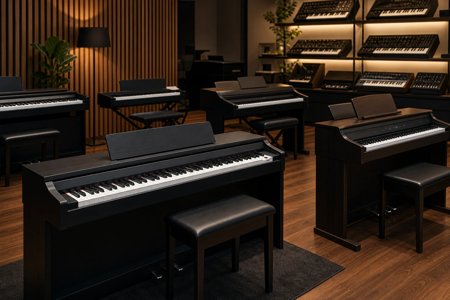 Keyboard floor with digital pianos and synths lined up neatly