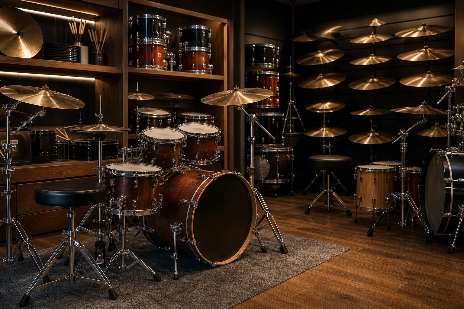 Drum corner with snare cymbals and compact kits in dark wood surroundings