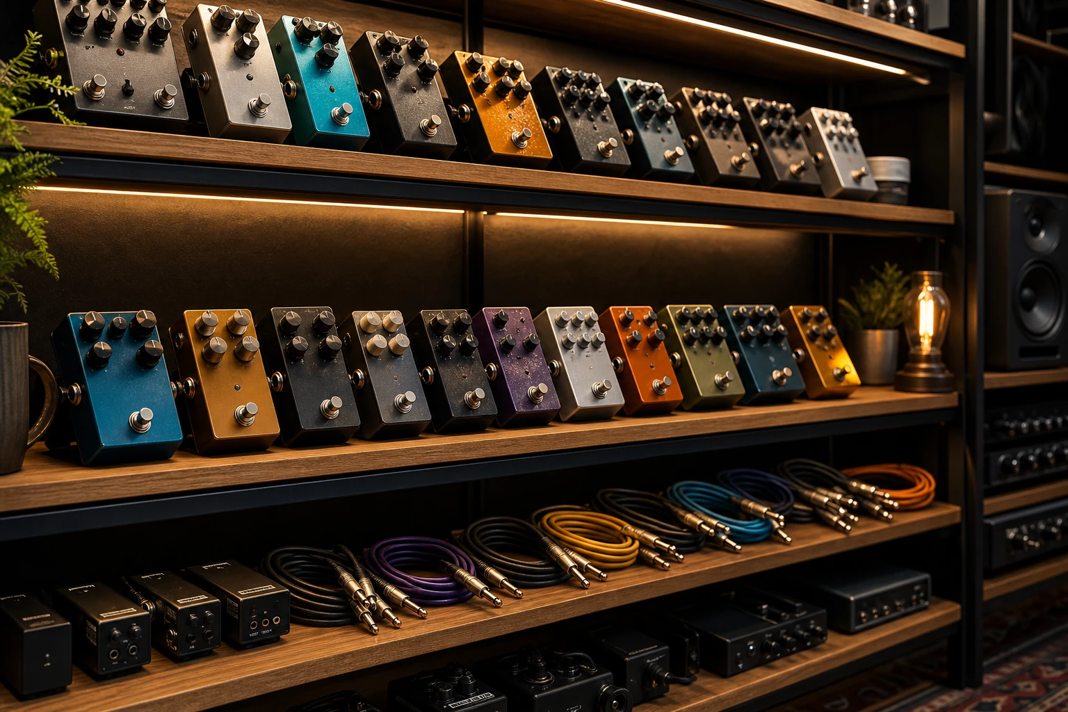 Shelf of guitar pedals and effects units arranged for a product showcase