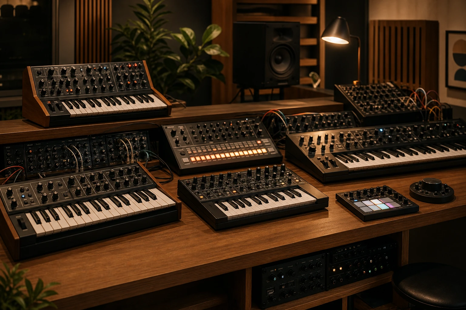 Modular synth and keyboard bench inside a calm music-store workspace
