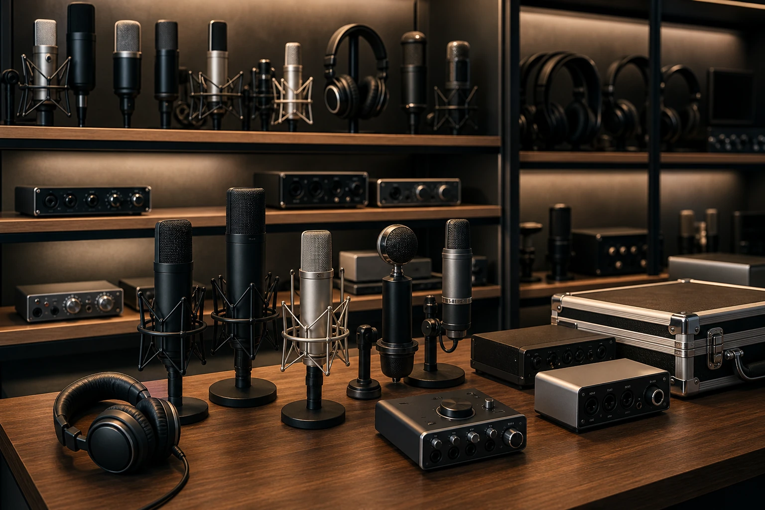 Cabinet with studio microphones and recording accessories in quiet light
