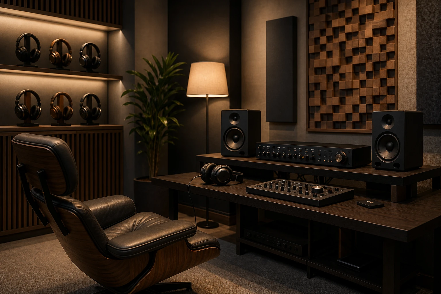 Listening booth with headphones monitor pair and recording detail