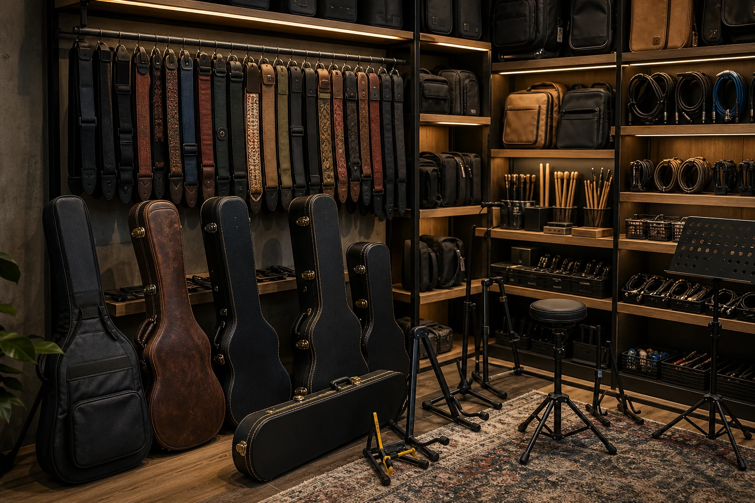 Rack of instrument cases stands and stage accessories for a music retail scene