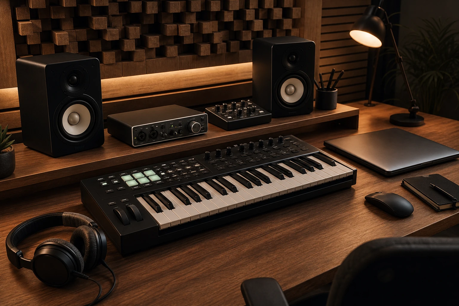 Studio desk with MIDI controller headphones and compact audio interface