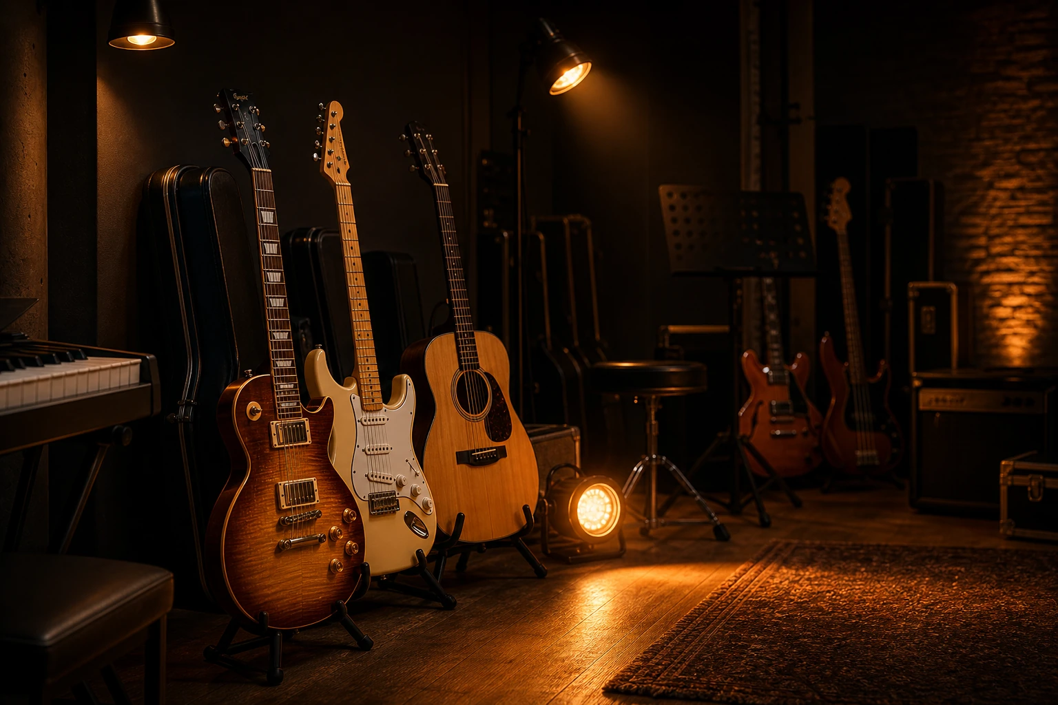 Evening music-store floor with stage-inspired lighting and featured instruments