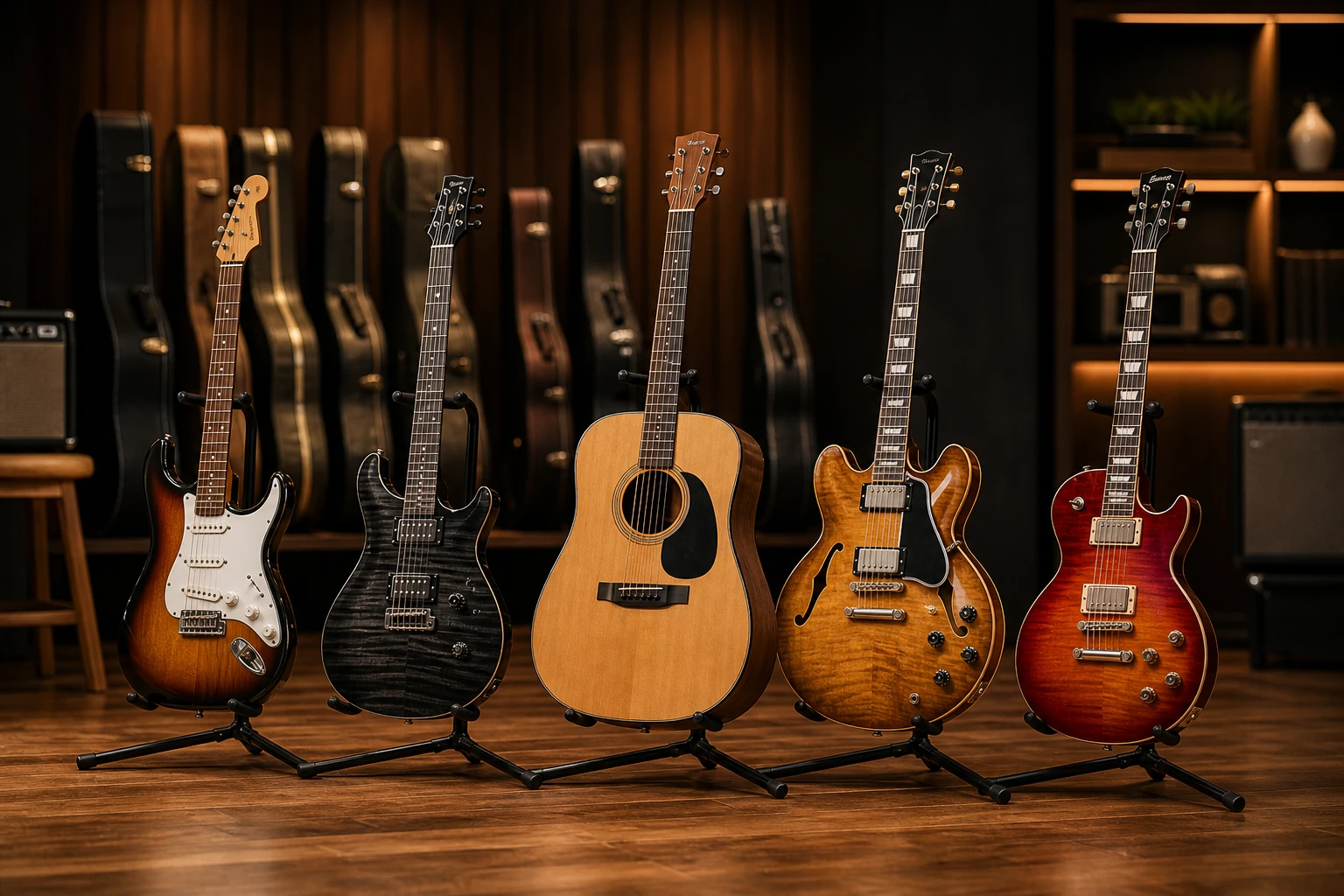 Guitar selection arranged for a premium music-store category card