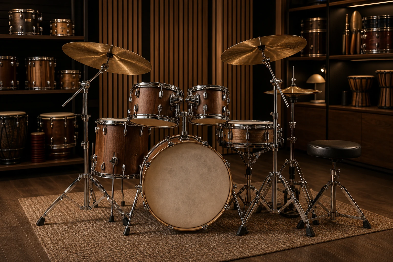 Drums and percussion accessories staged for a storefront category story
