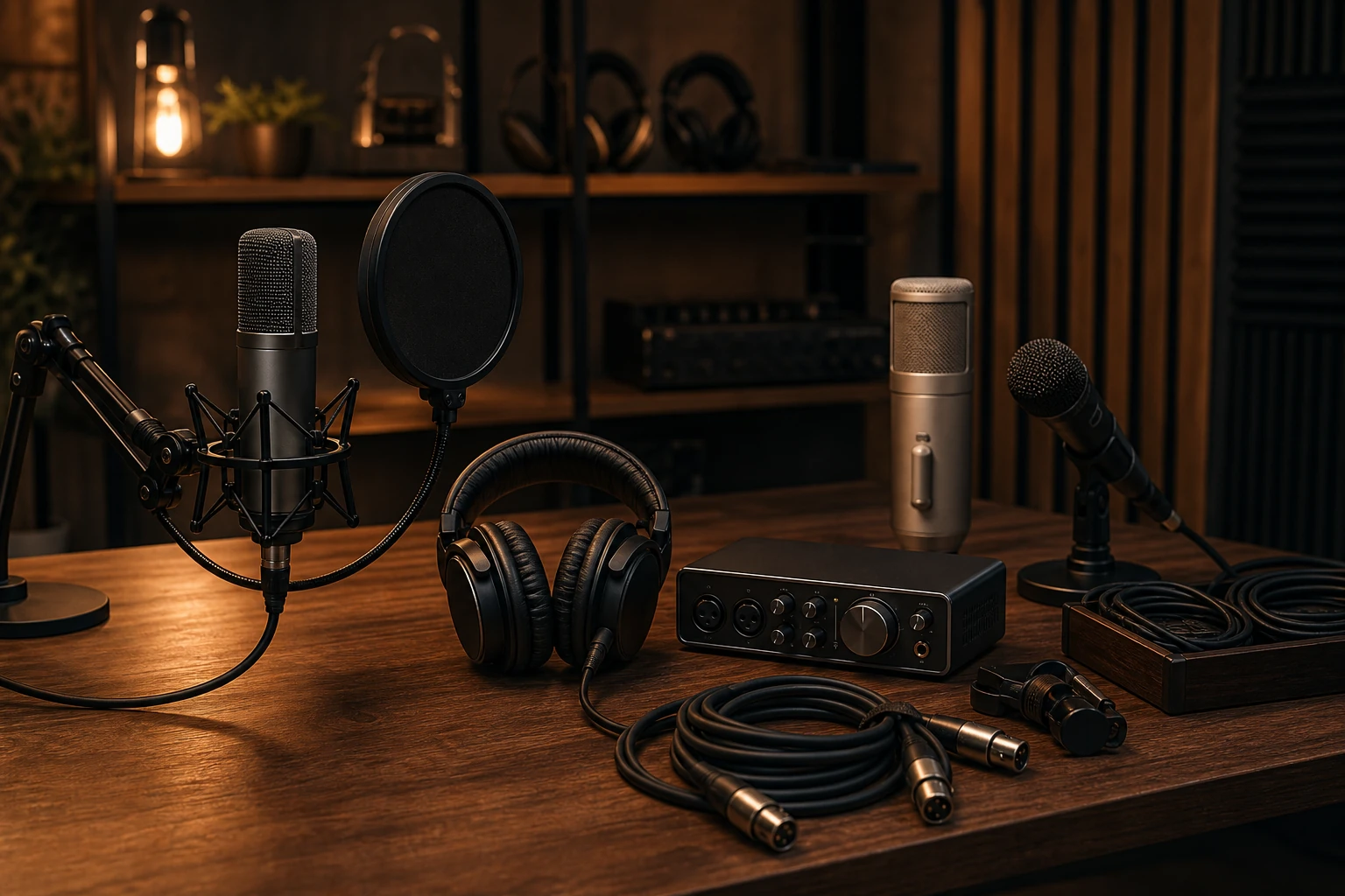 Recording microphones interfaces and headphones ready for a studio category card