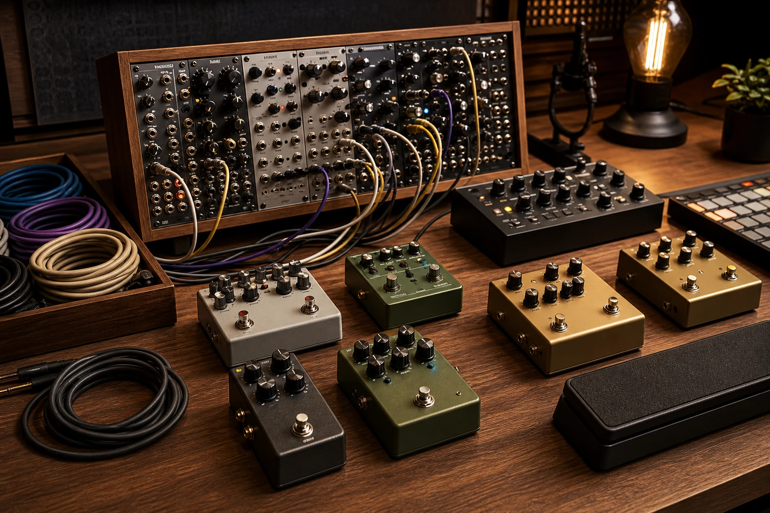 Pedals and synthesizer modules arranged for a creative setup category